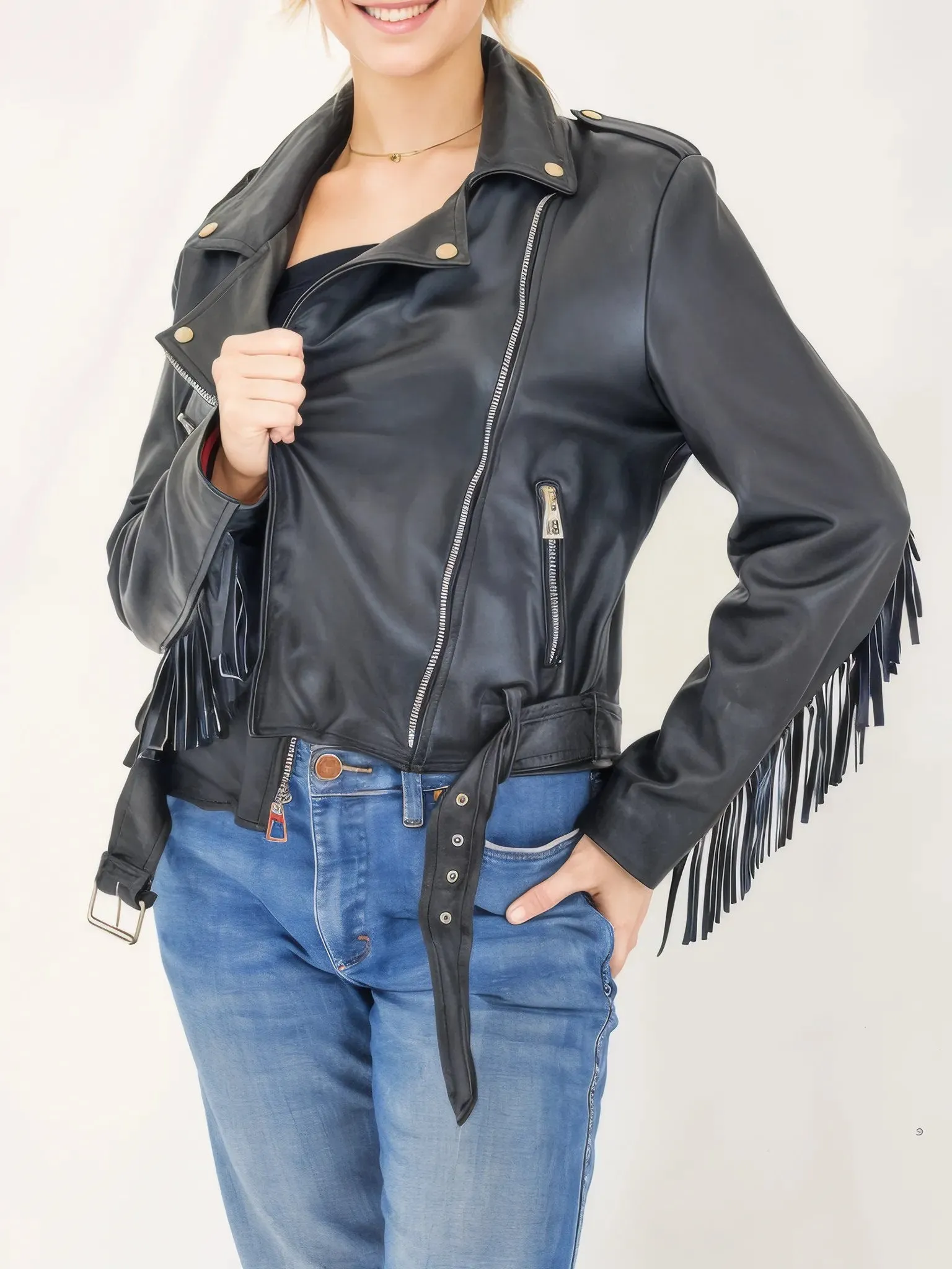 Handcrafted Women's Sheepskin Leather Biker Jacket – Premium Biker Style Black w/Fringes