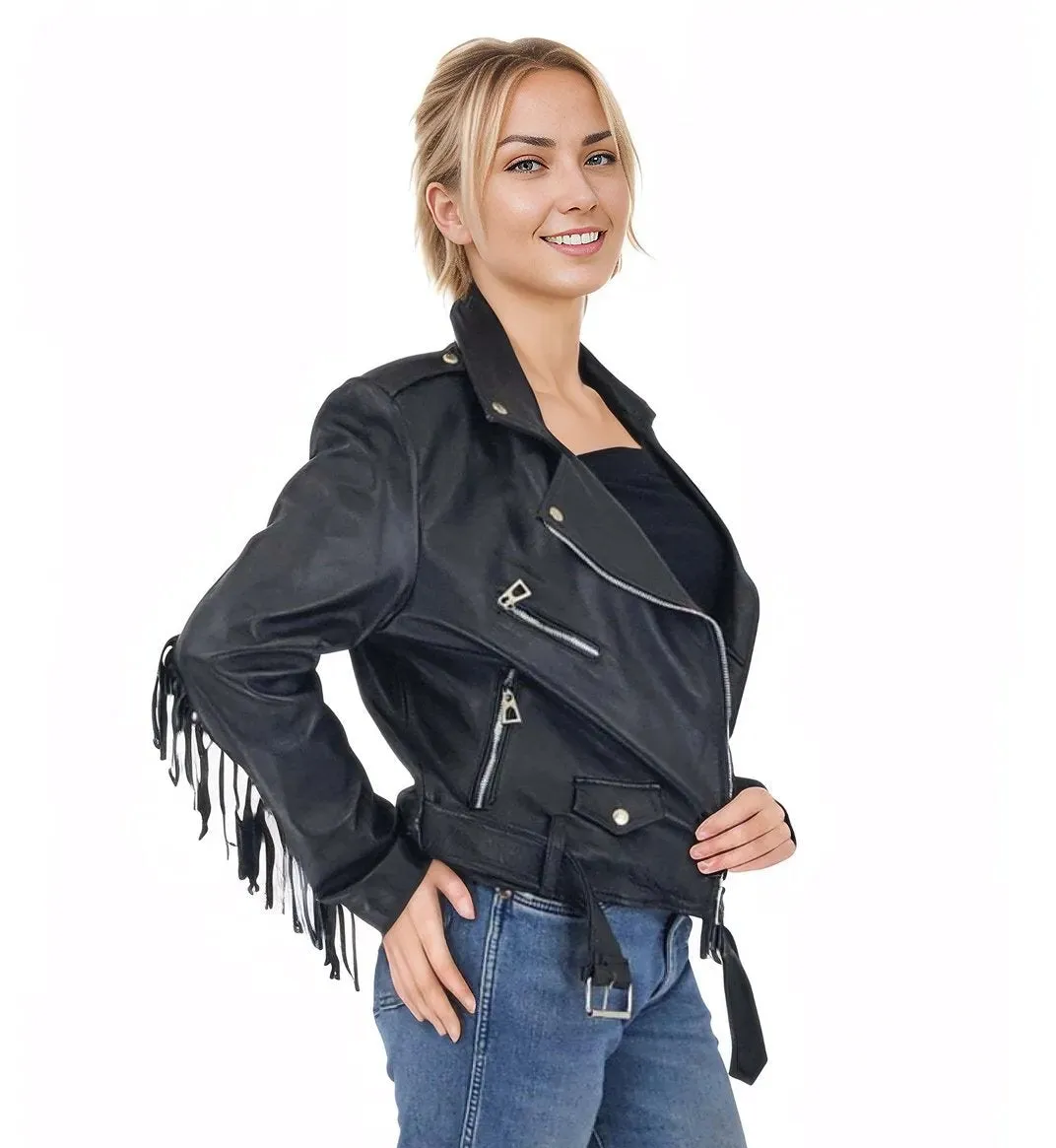 Handcrafted Women's Sheepskin Leather Biker Jacket – Premium Biker Style Black w/Fringes