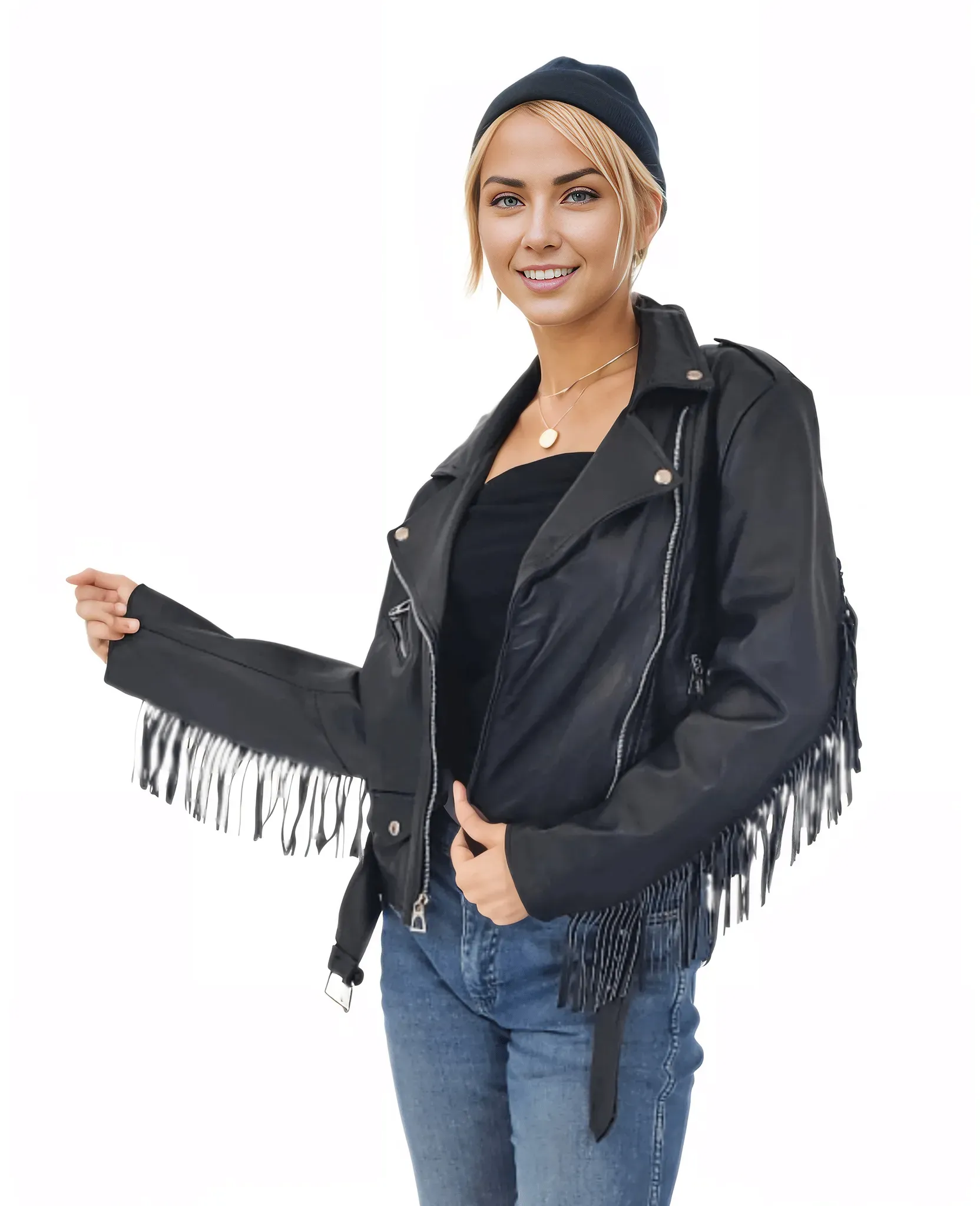 Handcrafted Women's Sheepskin Leather Biker Jacket – Premium Biker Style Black w/Fringes