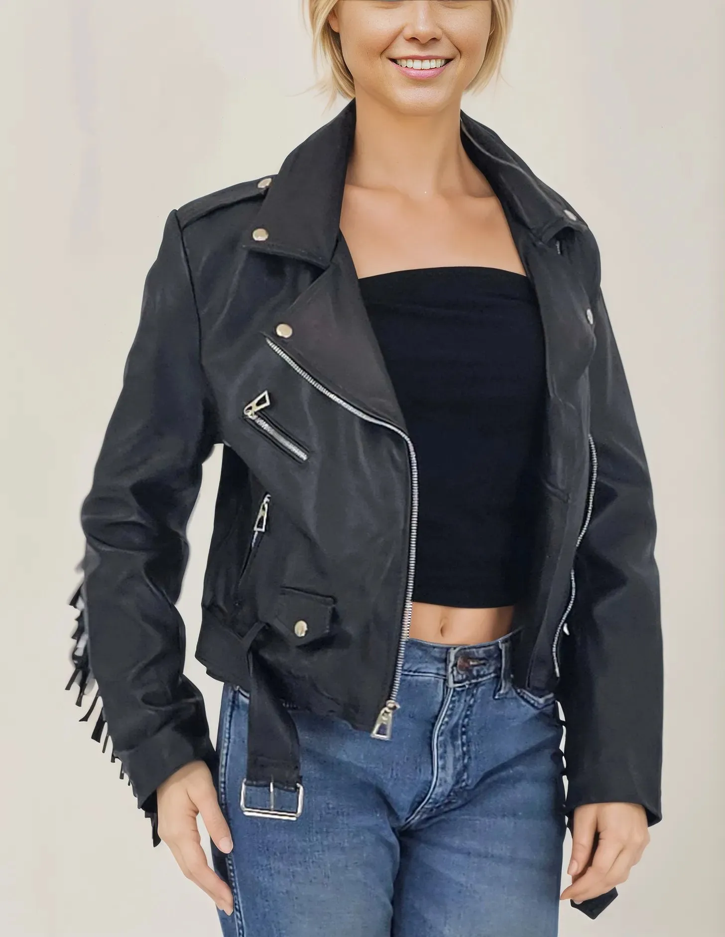 Handcrafted Women's Sheepskin Leather Biker Jacket – Premium Biker Style Black w/Fringes
