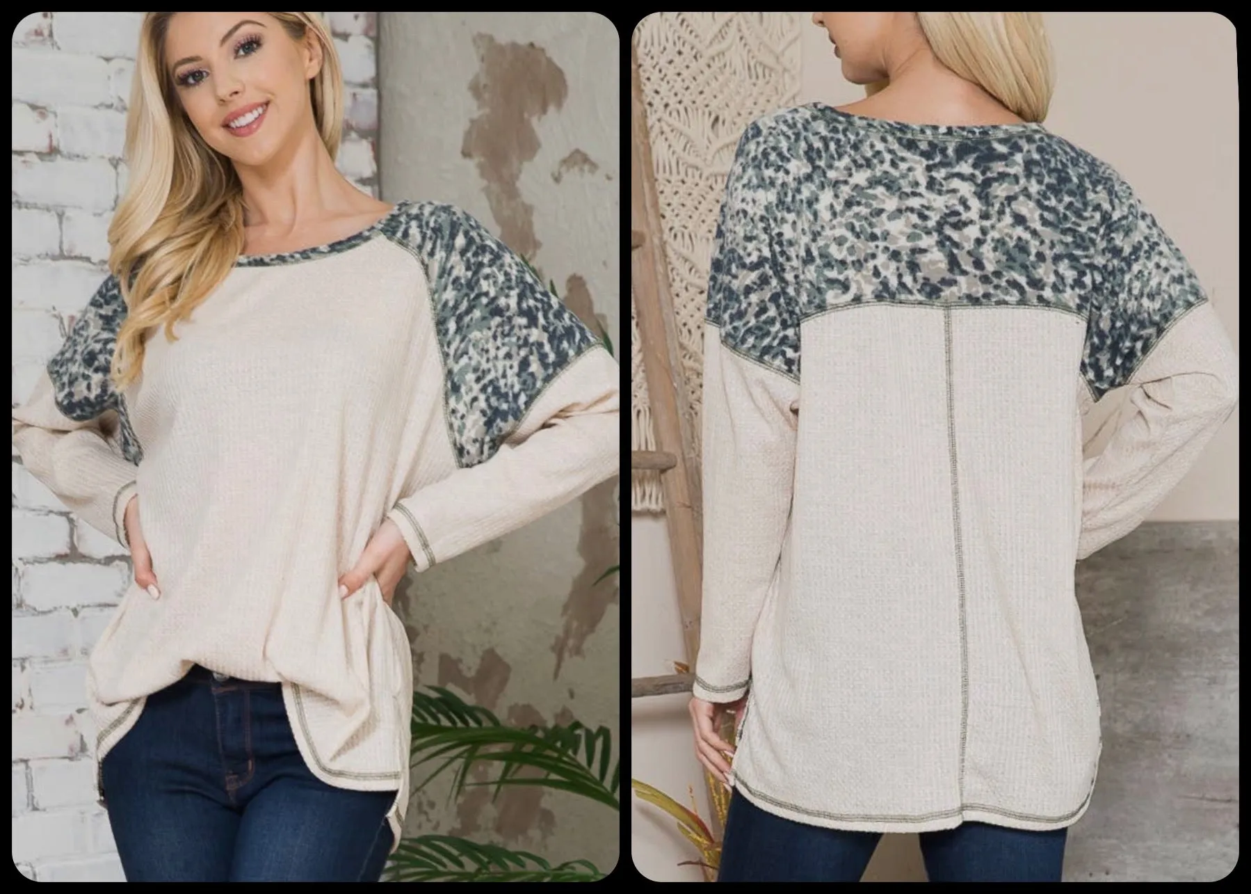 Hi Low Print Contrast Waffle Top