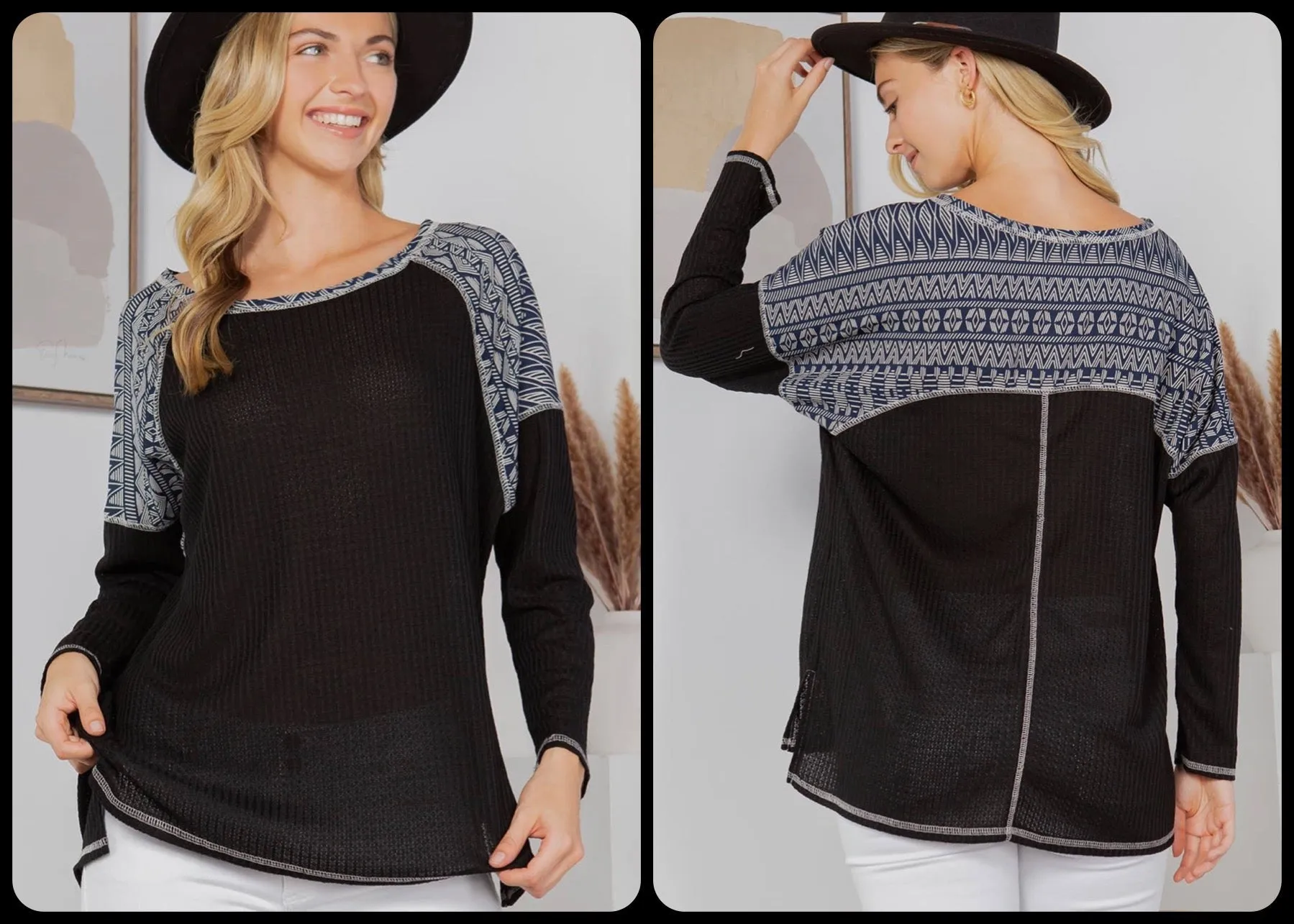 Hi Low Print Contrast Waffle Top