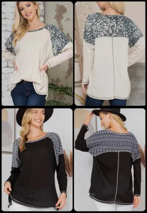 Hi Low Print Contrast Waffle Top