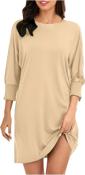 hlysgo Womens Summer Dresses 2025 Trendy 3/4 Sleeve Crew Neck Mini Dress Casual Loose Fit Knee Length Dress for Teen Girls