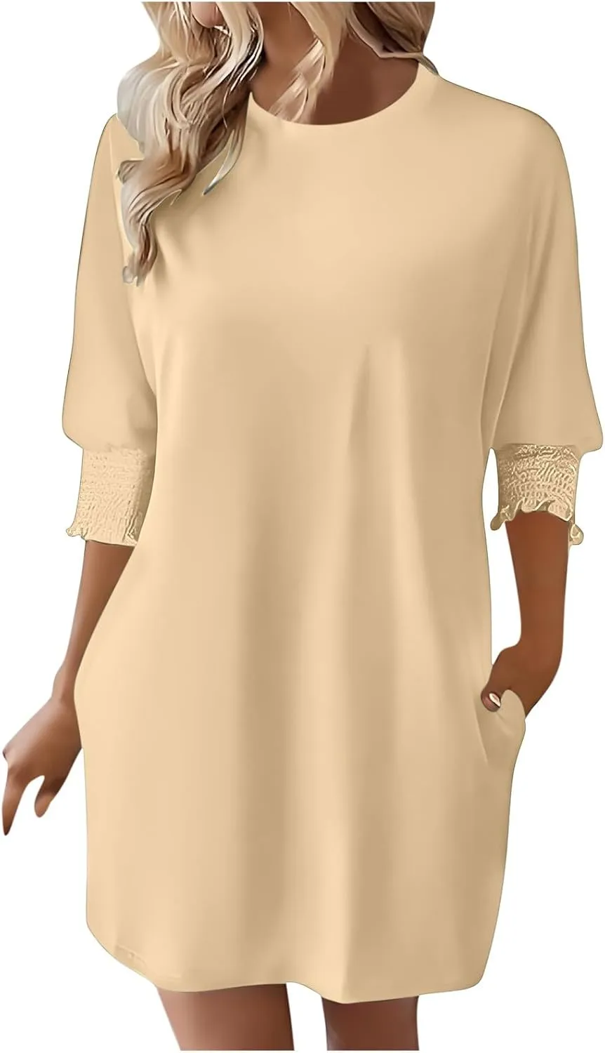 hlysgo Womens Summer Dresses 2025 Trendy 3/4 Sleeve Crew Neck Mini Dress Casual Loose Fit Knee Length Dress for Teen Girls