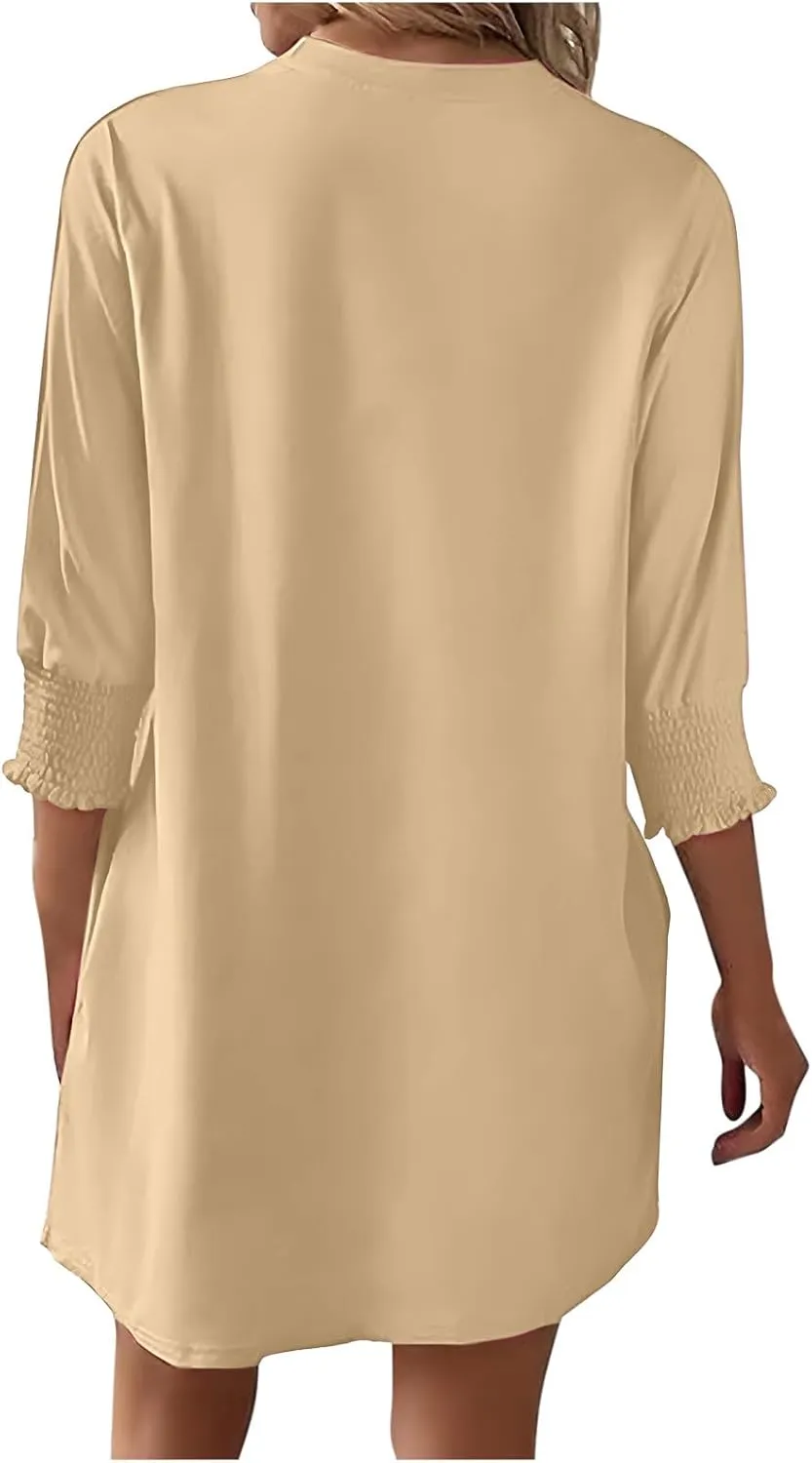 hlysgo Womens Summer Dresses 2025 Trendy 3/4 Sleeve Crew Neck Mini Dress Casual Loose Fit Knee Length Dress for Teen Girls