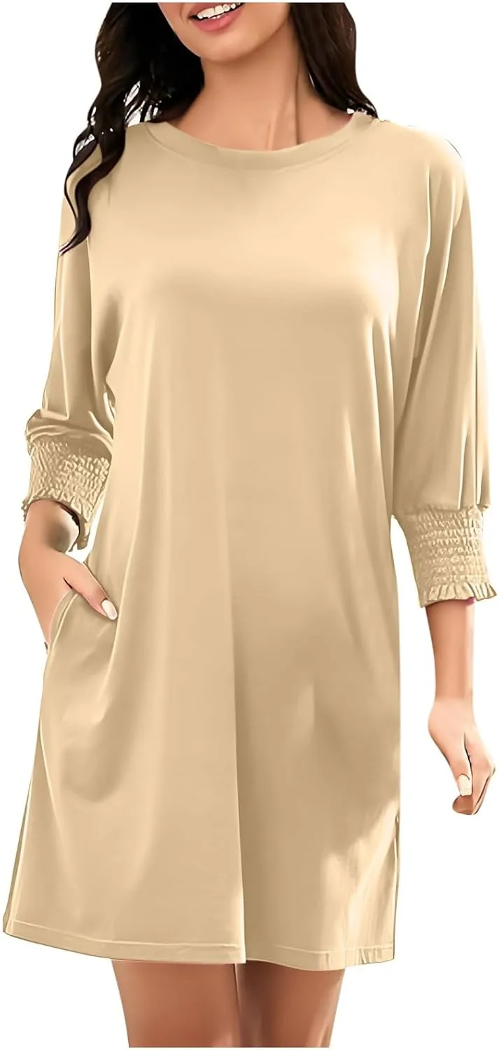 hlysgo Womens Summer Dresses 2025 Trendy 3/4 Sleeve Crew Neck Mini Dress Casual Loose Fit Knee Length Dress for Teen Girls