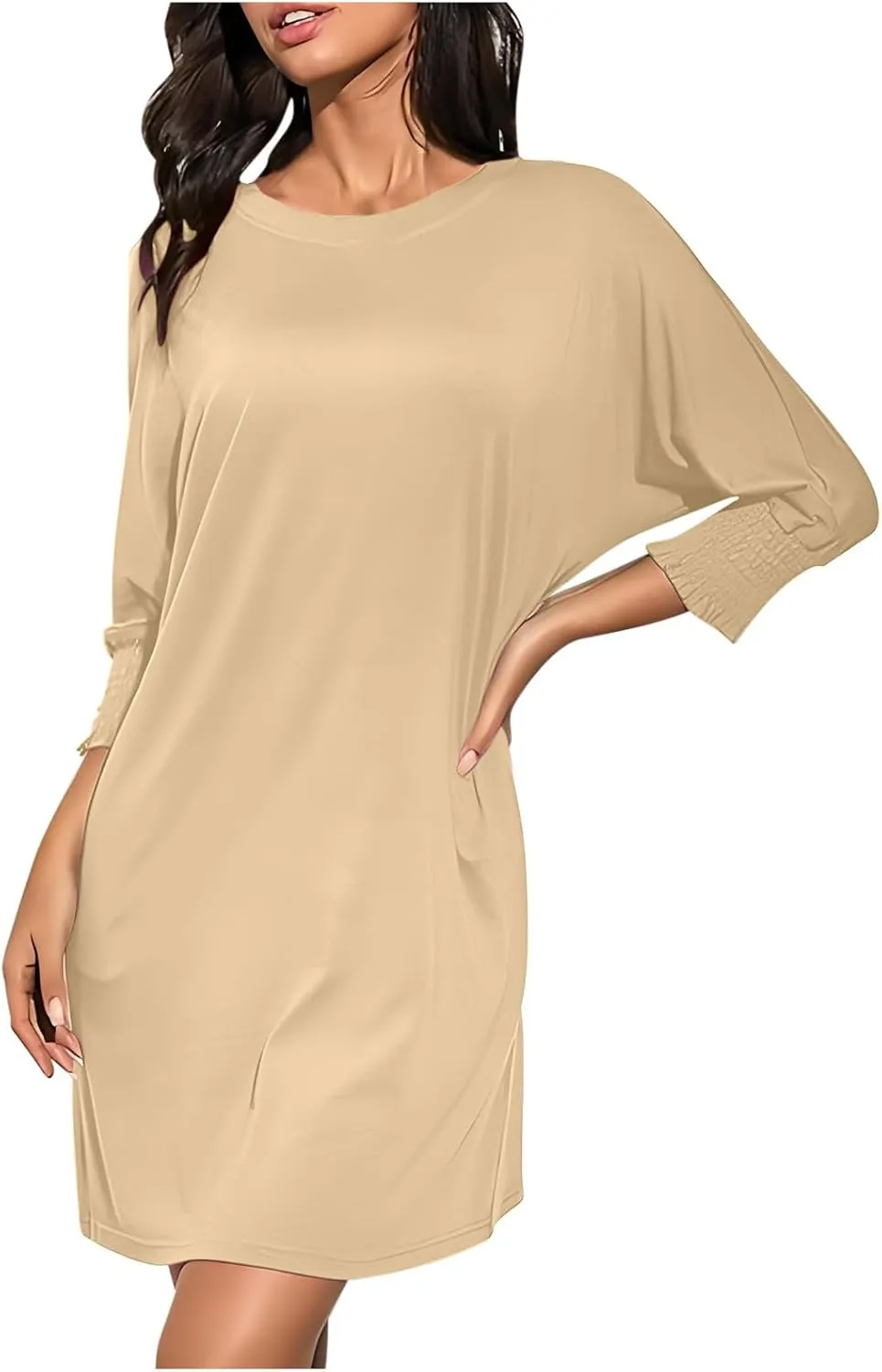 hlysgo Womens Summer Dresses 2025 Trendy 3/4 Sleeve Crew Neck Mini Dress Casual Loose Fit Knee Length Dress for Teen Girls
