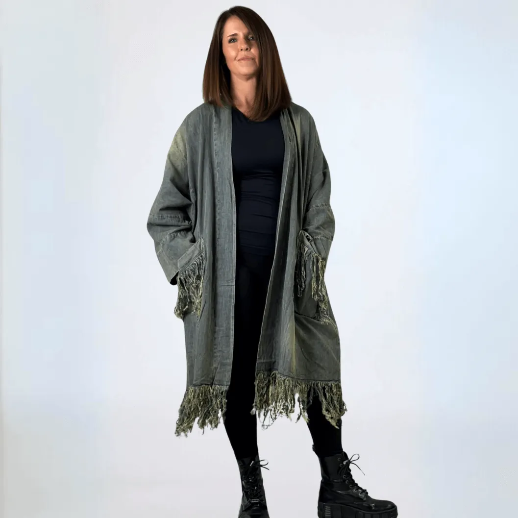 Jaded Gypsy Distressed Denim Fringe Duster