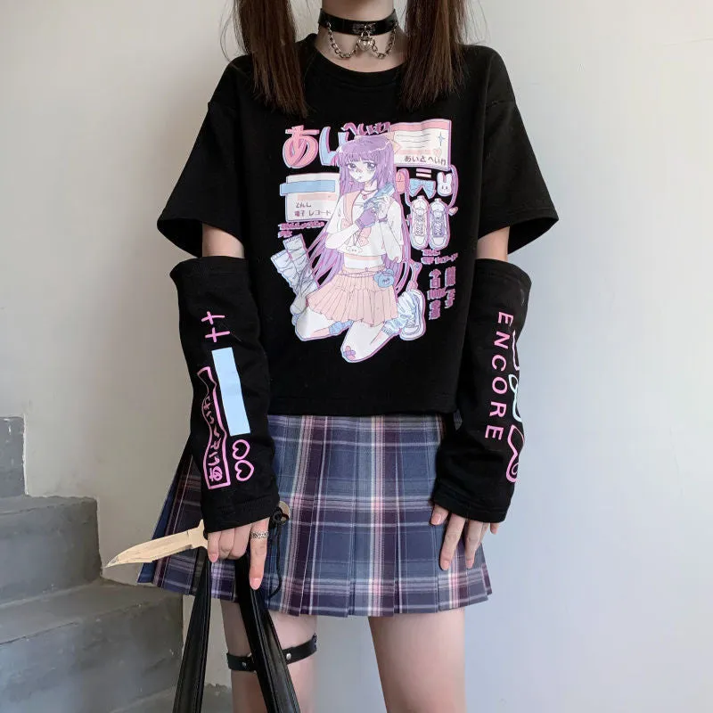 Japanese Spliced Short Sleeve T-Shirt Women Trendy Matching Black Tops Summer ins T-Shirt