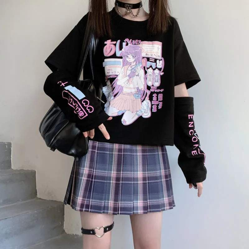 Japanese Spliced Short Sleeve T-Shirt Women Trendy Matching Black Tops Summer ins T-Shirt