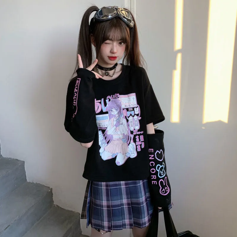 Japanese Spliced Short Sleeve T-Shirt Women Trendy Matching Black Tops Summer ins T-Shirt