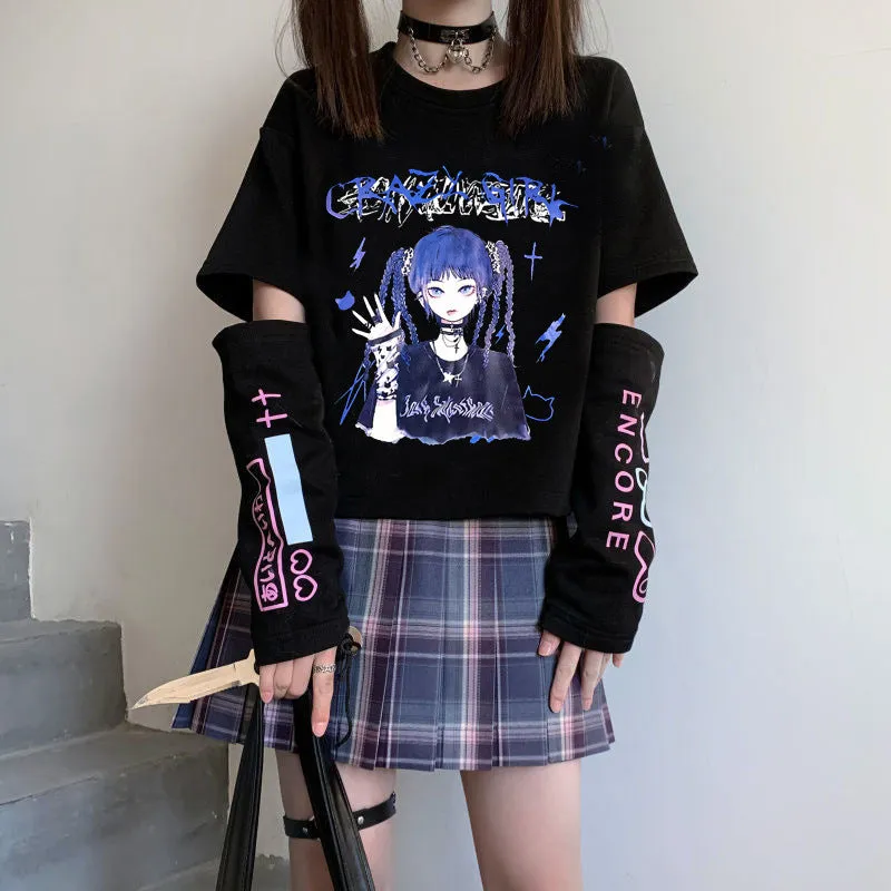 Japanese Spliced Short Sleeve T-Shirt Women Trendy Matching Black Tops Summer ins T-Shirt