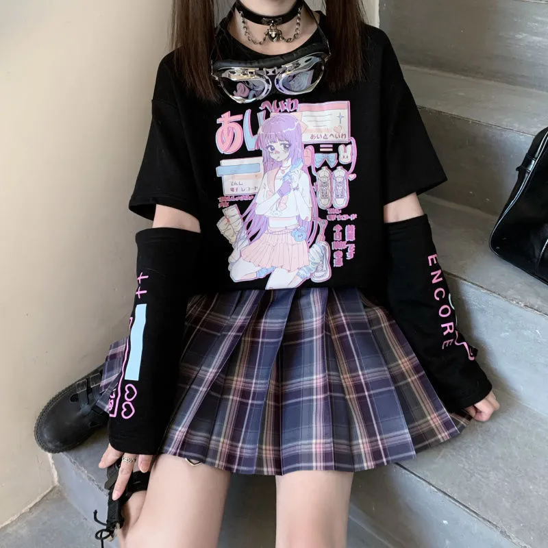 Japanese Spliced Short Sleeve T-Shirt Women Trendy Matching Black Tops Summer ins T-Shirt