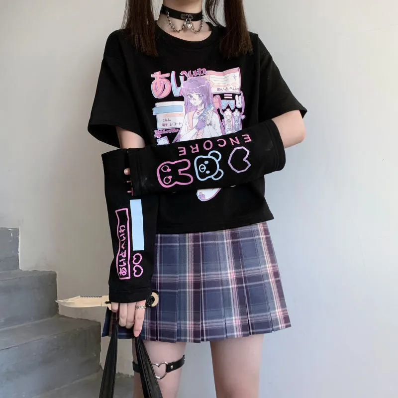 Japanese Spliced Short Sleeve T-Shirt Women Trendy Matching Black Tops Summer ins T-Shirt