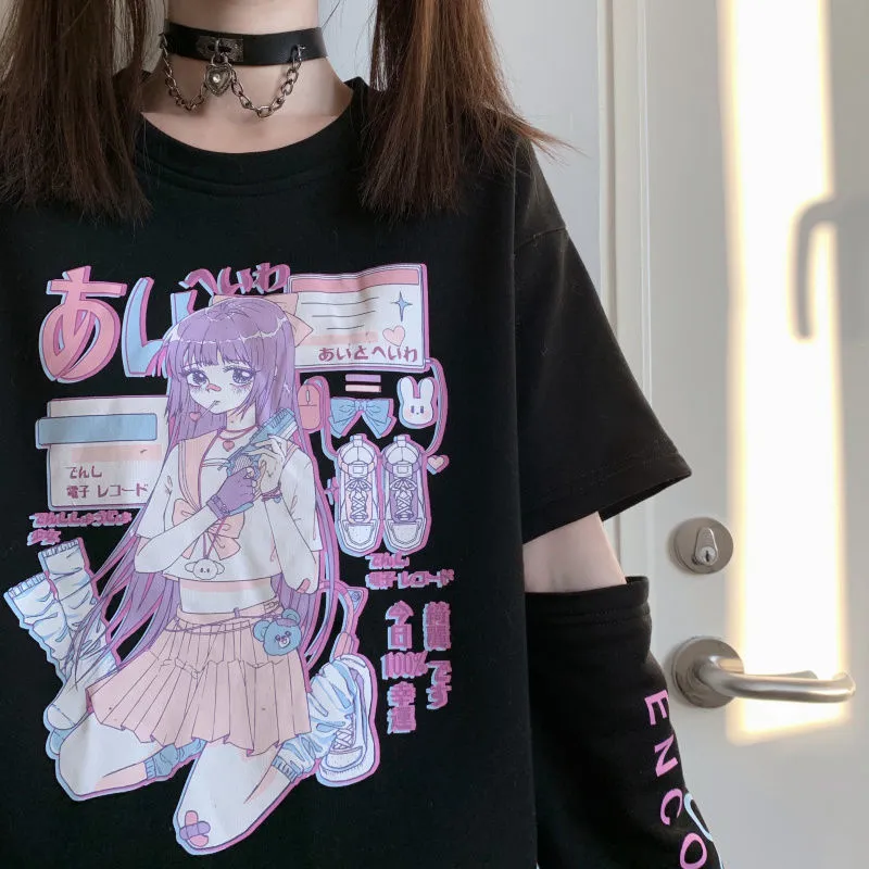 Japanese Spliced Short Sleeve T-Shirt Women Trendy Matching Black Tops Summer ins T-Shirt