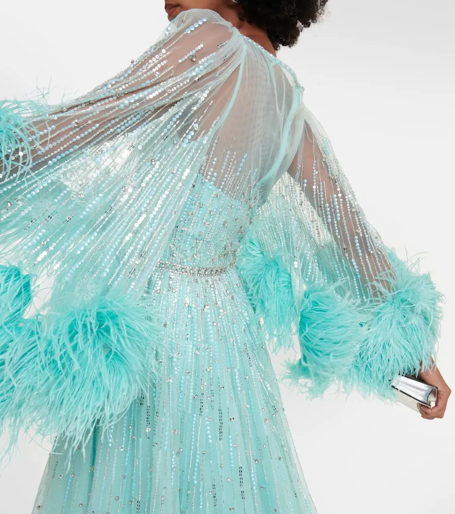 Jenny Packham Imani embellished faux-feather trimmed gown