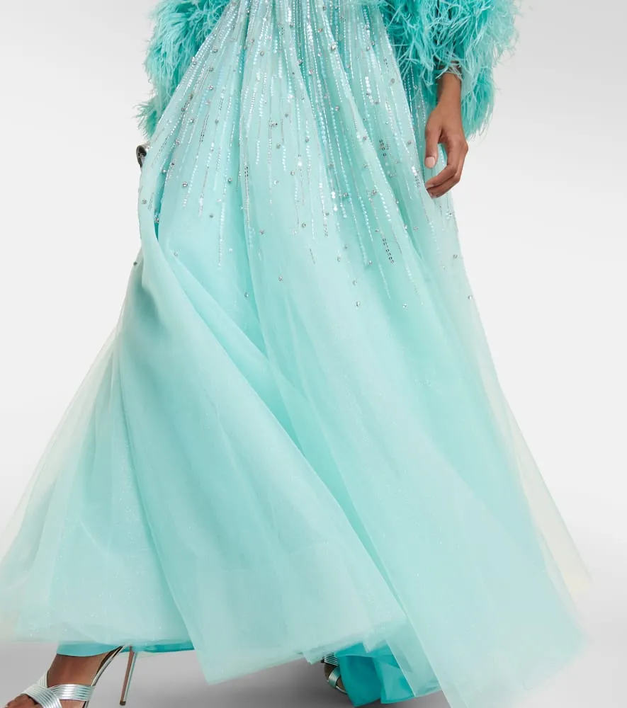 Jenny Packham Imani embellished faux-feather trimmed gown
