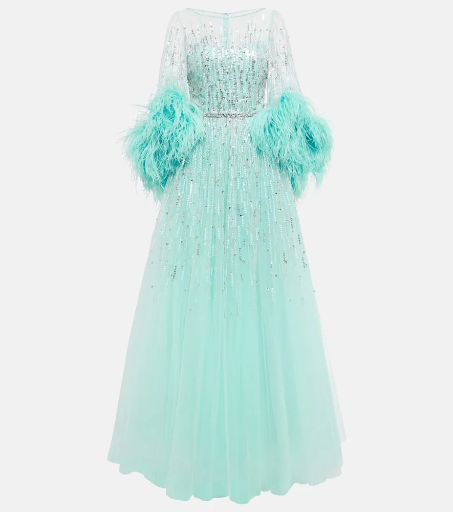 Jenny Packham Imani embellished faux-feather trimmed gown