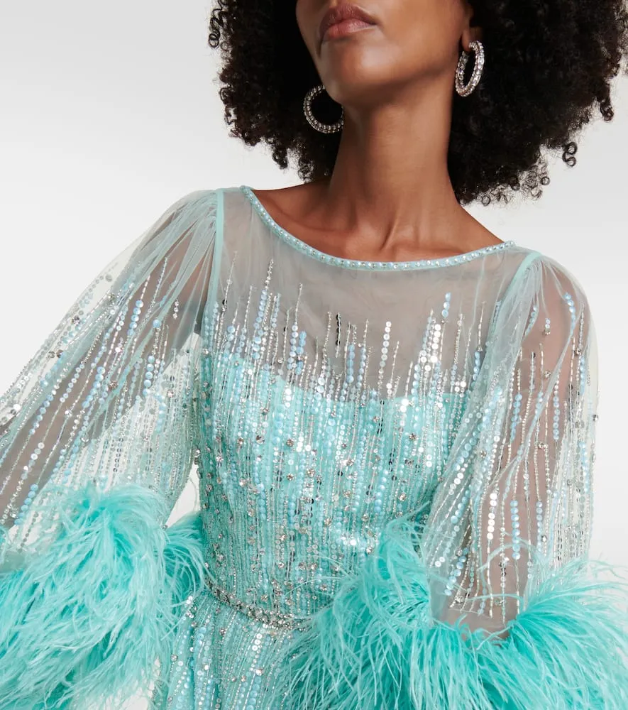 Jenny Packham Imani embellished faux-feather trimmed gown