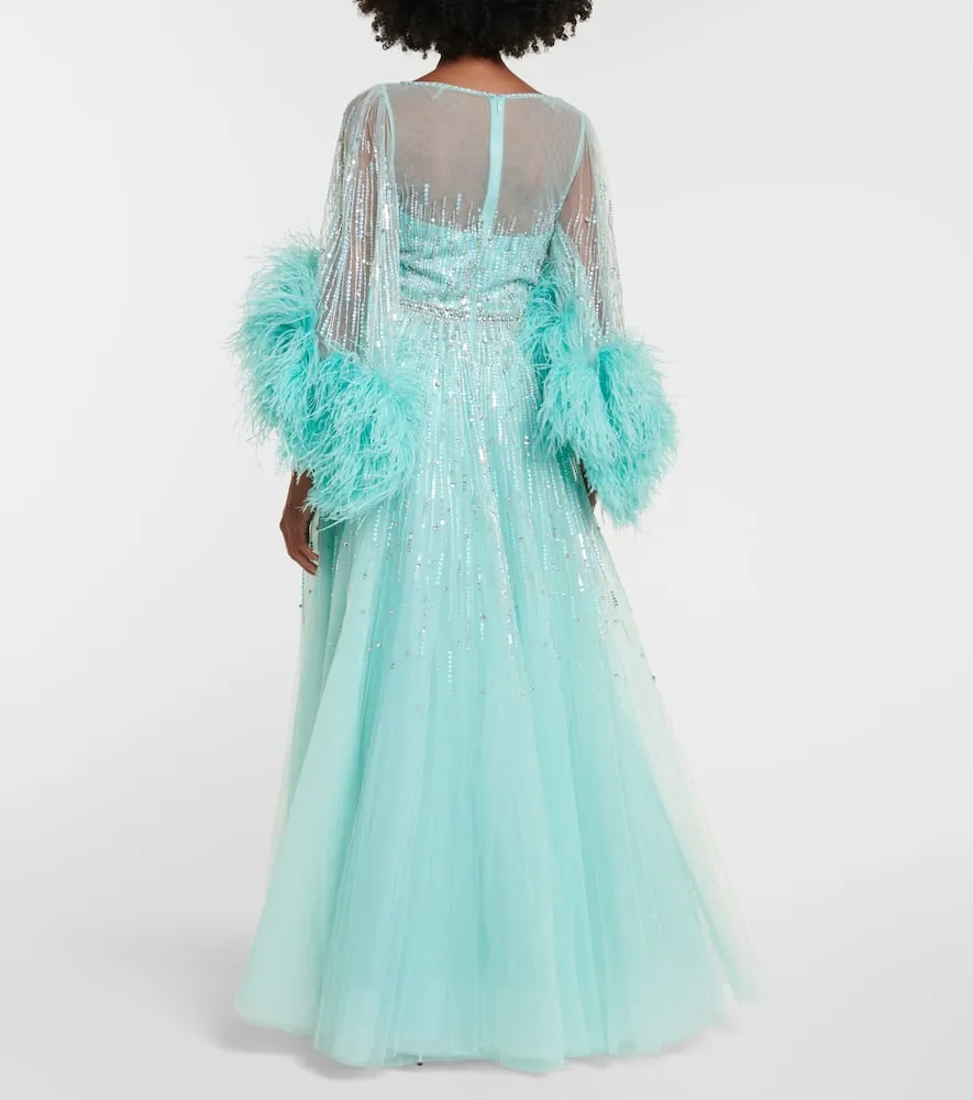 Jenny Packham Imani embellished faux-feather trimmed gown