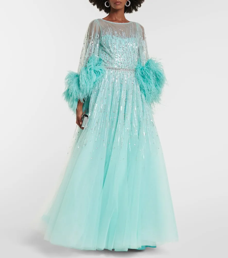 Jenny Packham Imani embellished faux-feather trimmed gown