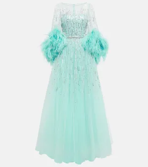 Jenny Packham Imani embellished faux-feather trimmed gown