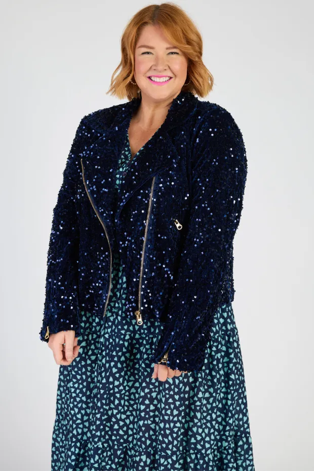 Kaitlin Navy Sequins Biker Jacket