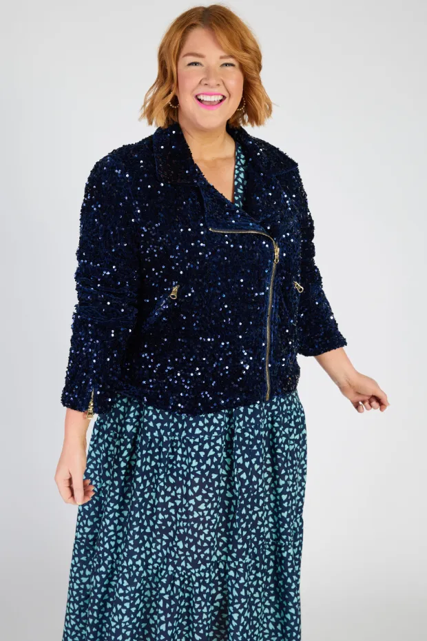 Kaitlin Navy Sequins Biker Jacket