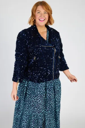 Kaitlin Navy Sequins Biker Jacket