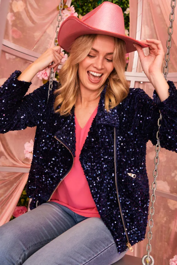 Kaitlin Navy Sequins Biker Jacket