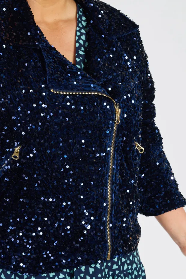Kaitlin Navy Sequins Biker Jacket