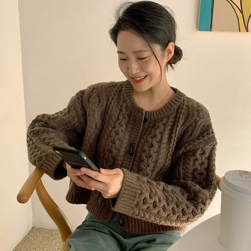 Kimotimo Twist Sweater Cardigan Women Korean Chic Single Breasted O
