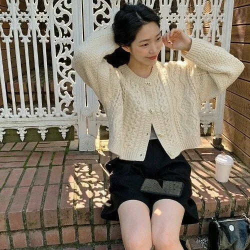 Kimotimo Twist Sweater Cardigan Women Korean Chic Single Breasted O