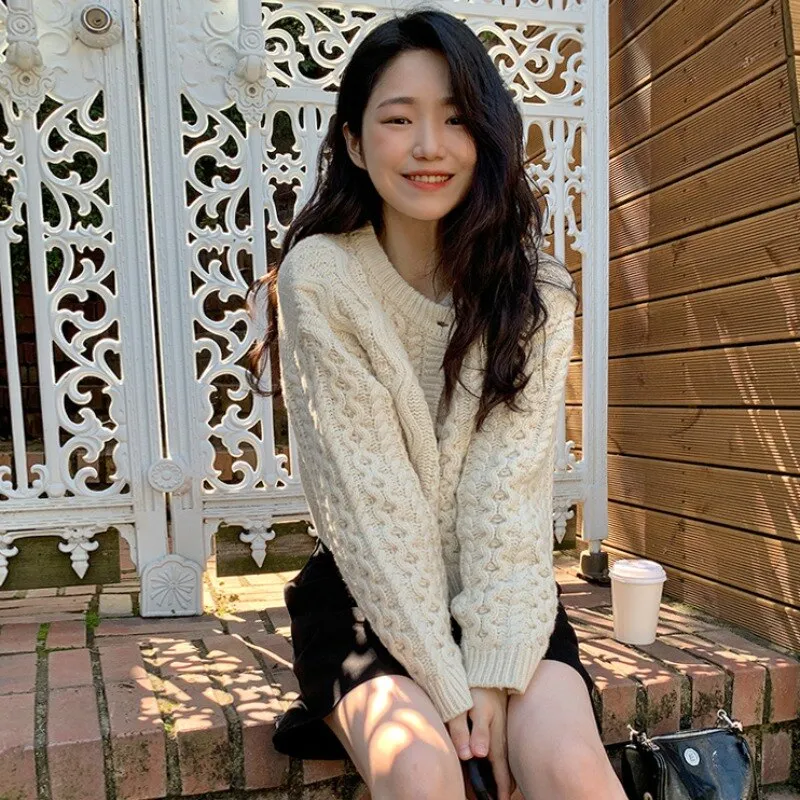 Kimotimo Twist Sweater Cardigan Women Korean Chic Single Breasted O