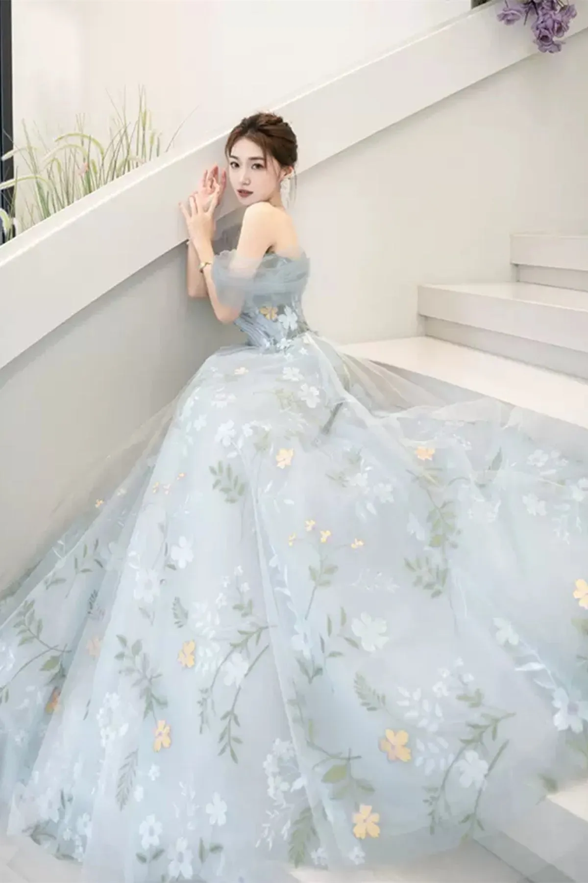 Light Blue Off the Shoulder Floral Long Prom Dresses, Off Shoulder Formal Dresses, Blue Evening Dresses WT1238
