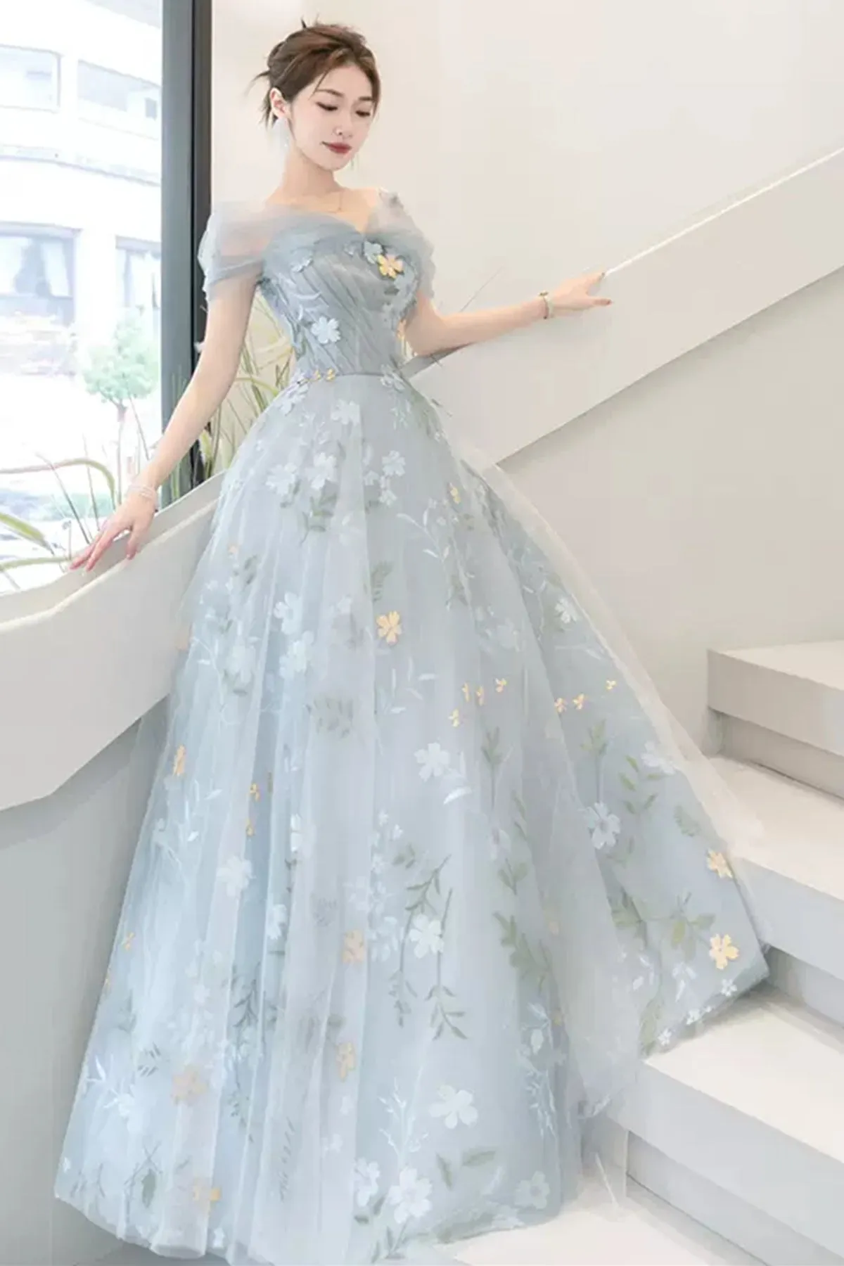 Light Blue Off the Shoulder Floral Long Prom Dresses, Off Shoulder Formal Dresses, Blue Evening Dresses WT1238