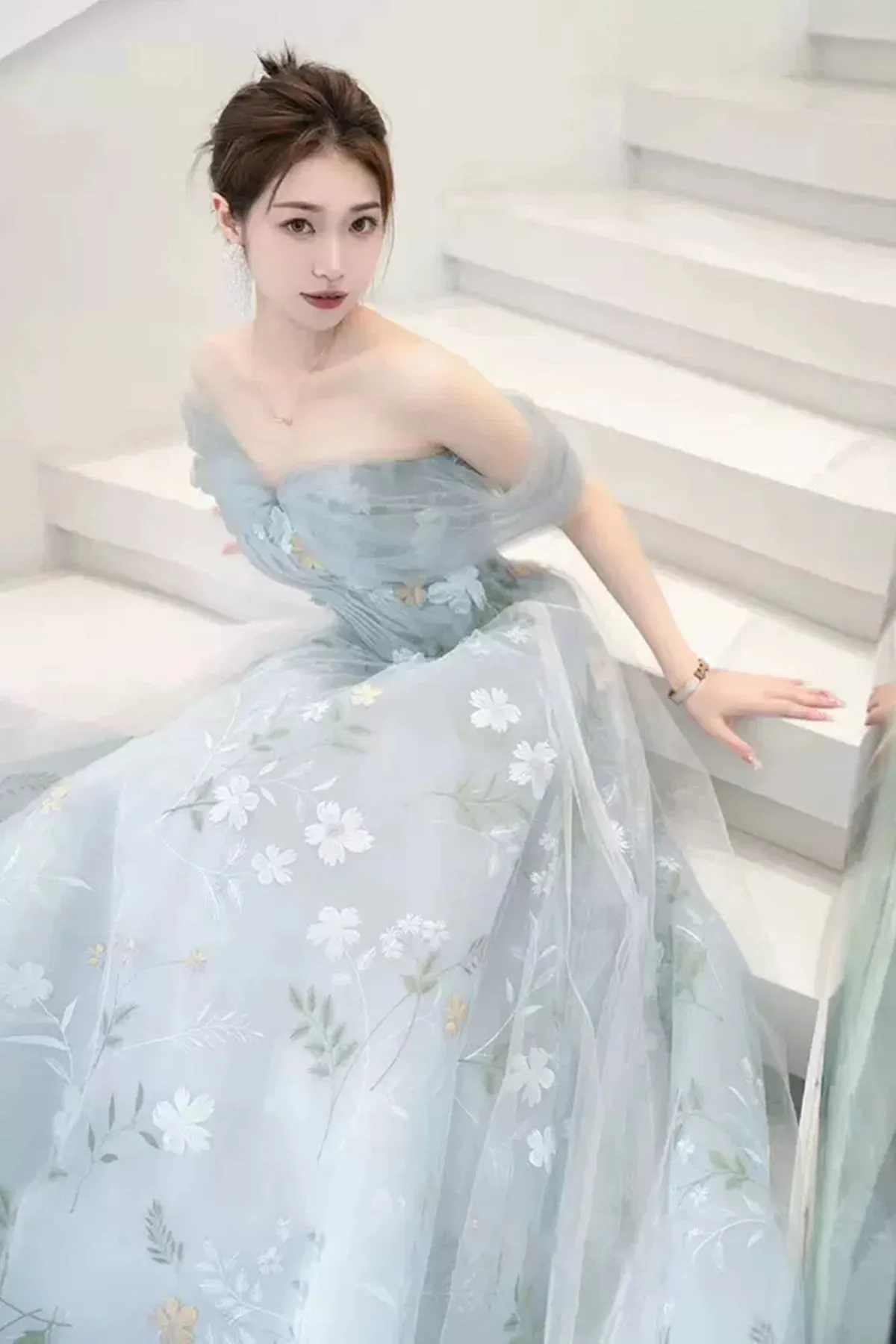 Light Blue Off the Shoulder Floral Long Prom Dresses, Off Shoulder Formal Dresses, Blue Evening Dresses WT1238