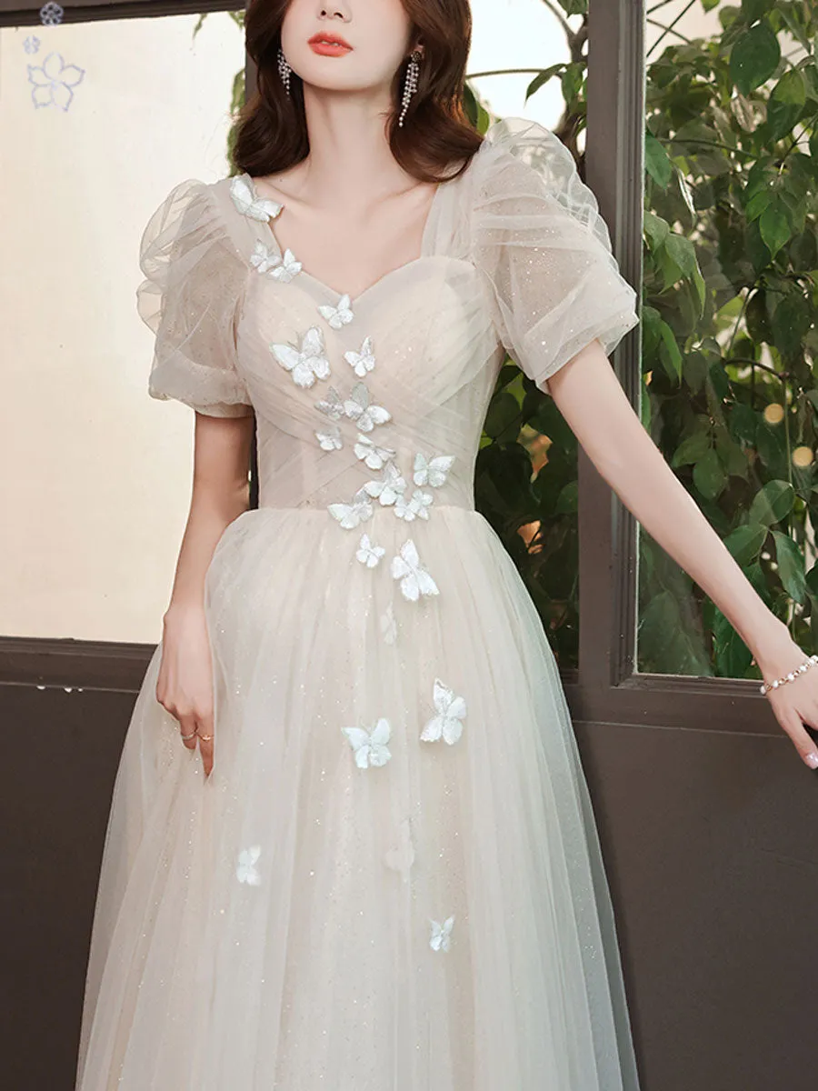 Light Champagne Tulle Lace Long Prom Dress, Champagne Evening Dress