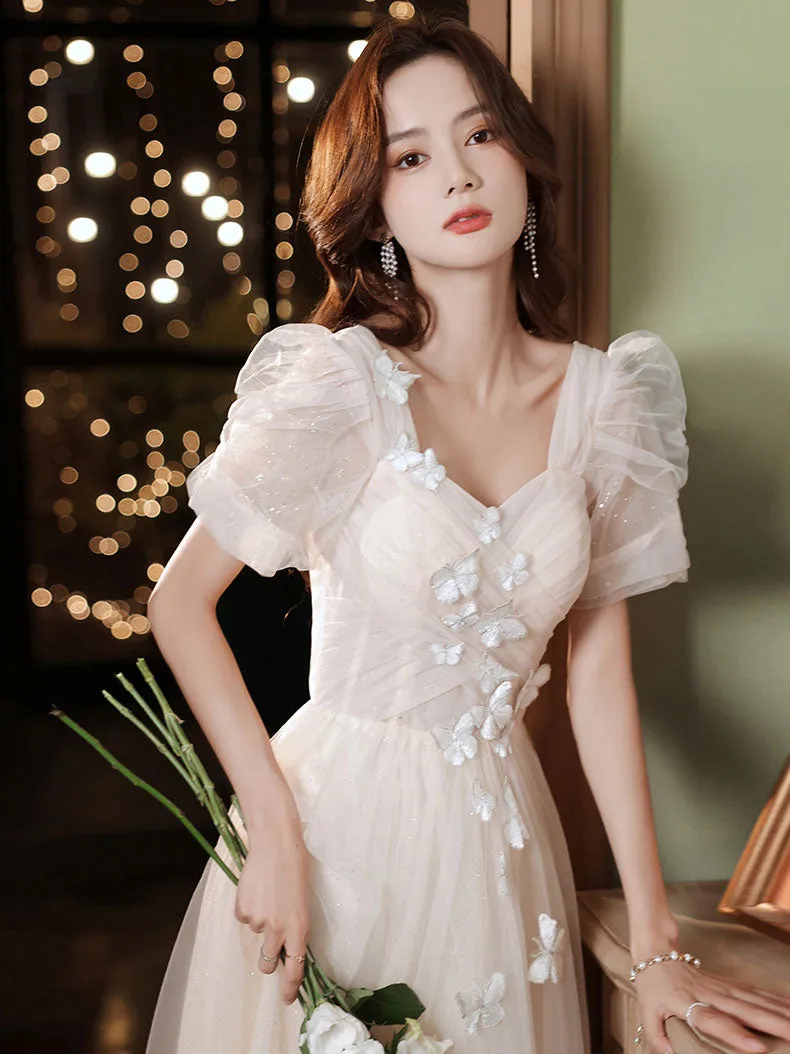 Light Champagne Tulle Lace Long Prom Dress, Champagne Evening Dress