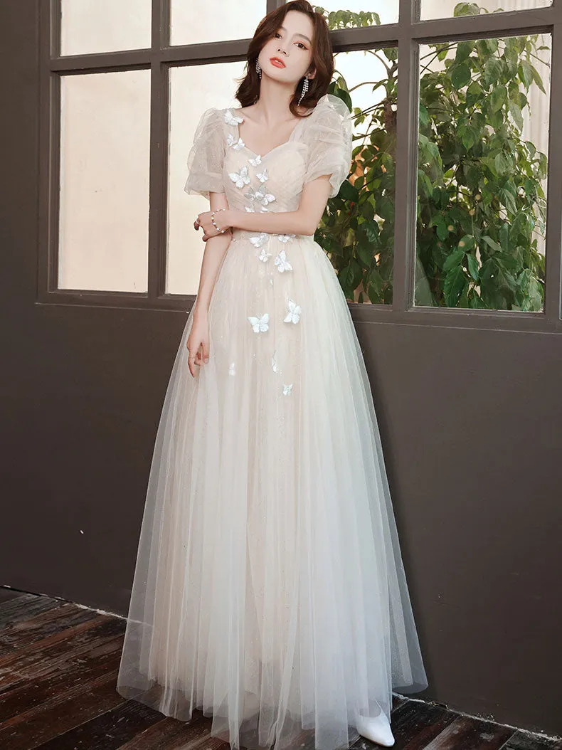 Light Champagne Tulle Lace Long Prom Dress, Champagne Evening Dress