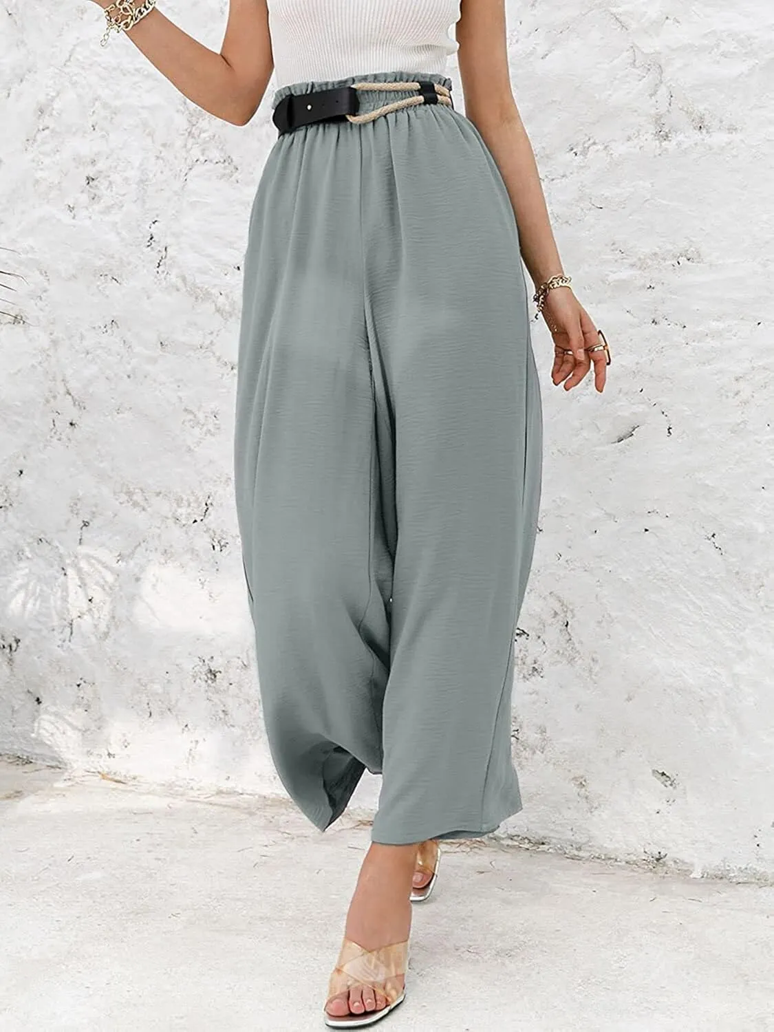 Linen Pants Women Boho High Waisted Palazzo Pants Flowy Trousers with Pockets Summer Beach Wide Leg Flowy Pant 2025