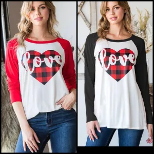LOVE HEART DETAIL BUFFALO PLAID LONG SLEEVE RAGLAN TOP