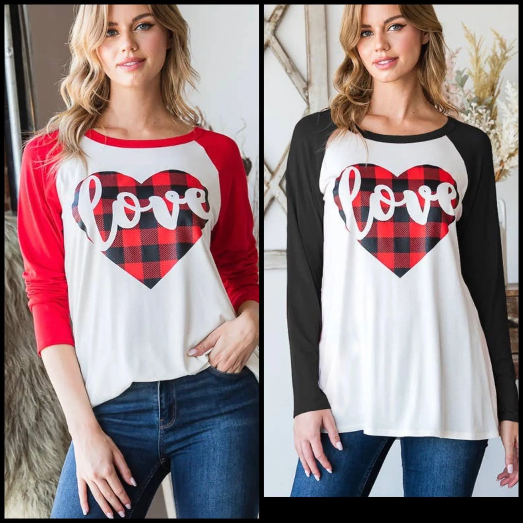 LOVE HEART DETAIL BUFFALO PLAID LONG SLEEVE RAGLAN TOP