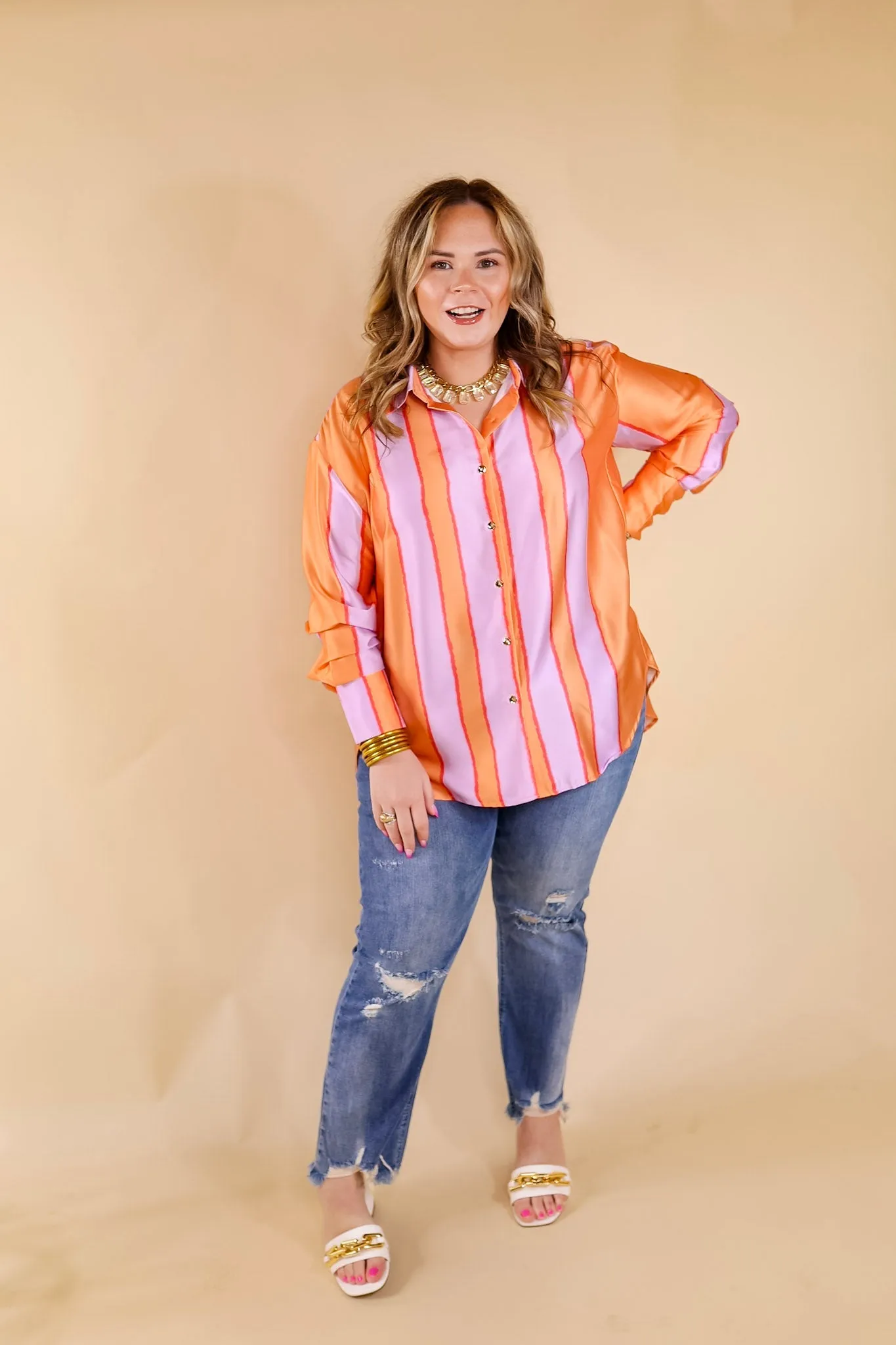 Match My Energy Striped Button Up Top in Lavender Purple and Orange