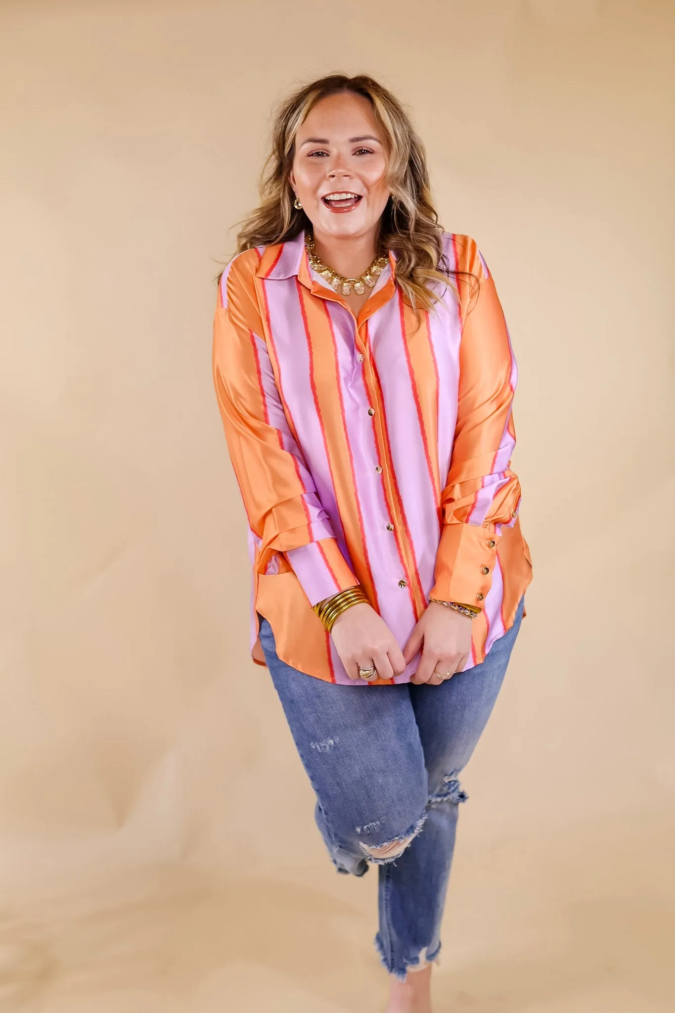 Match My Energy Striped Button Up Top in Lavender Purple and Orange