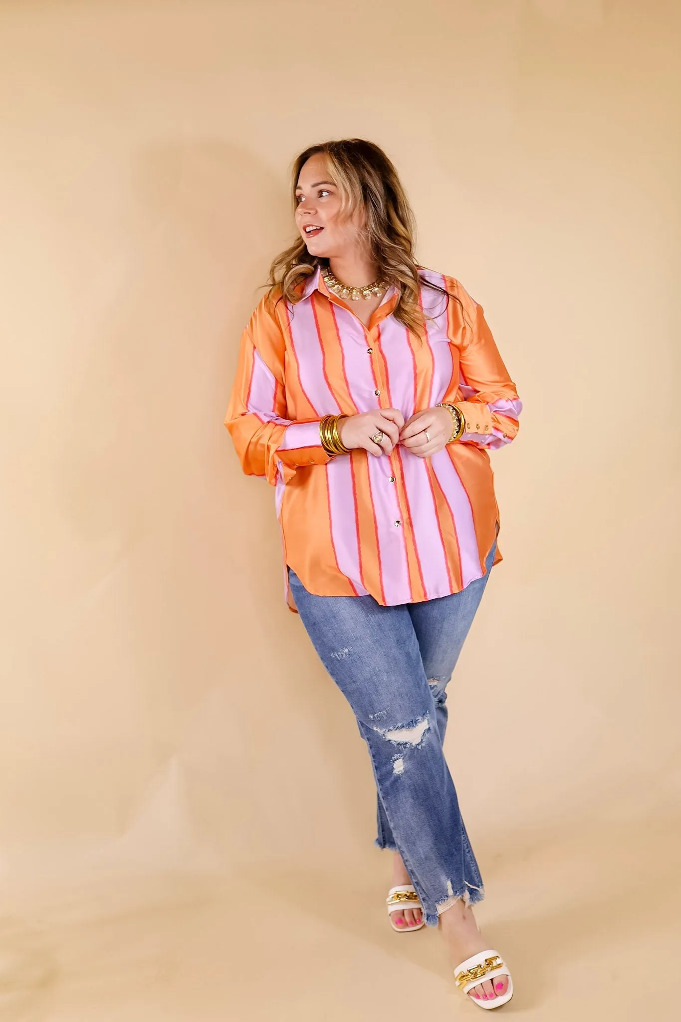 Match My Energy Striped Button Up Top in Lavender Purple and Orange