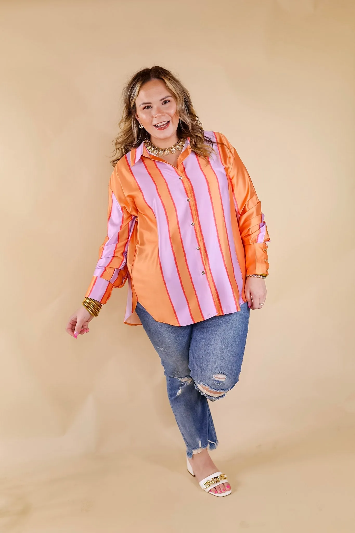 Match My Energy Striped Button Up Top in Lavender Purple and Orange