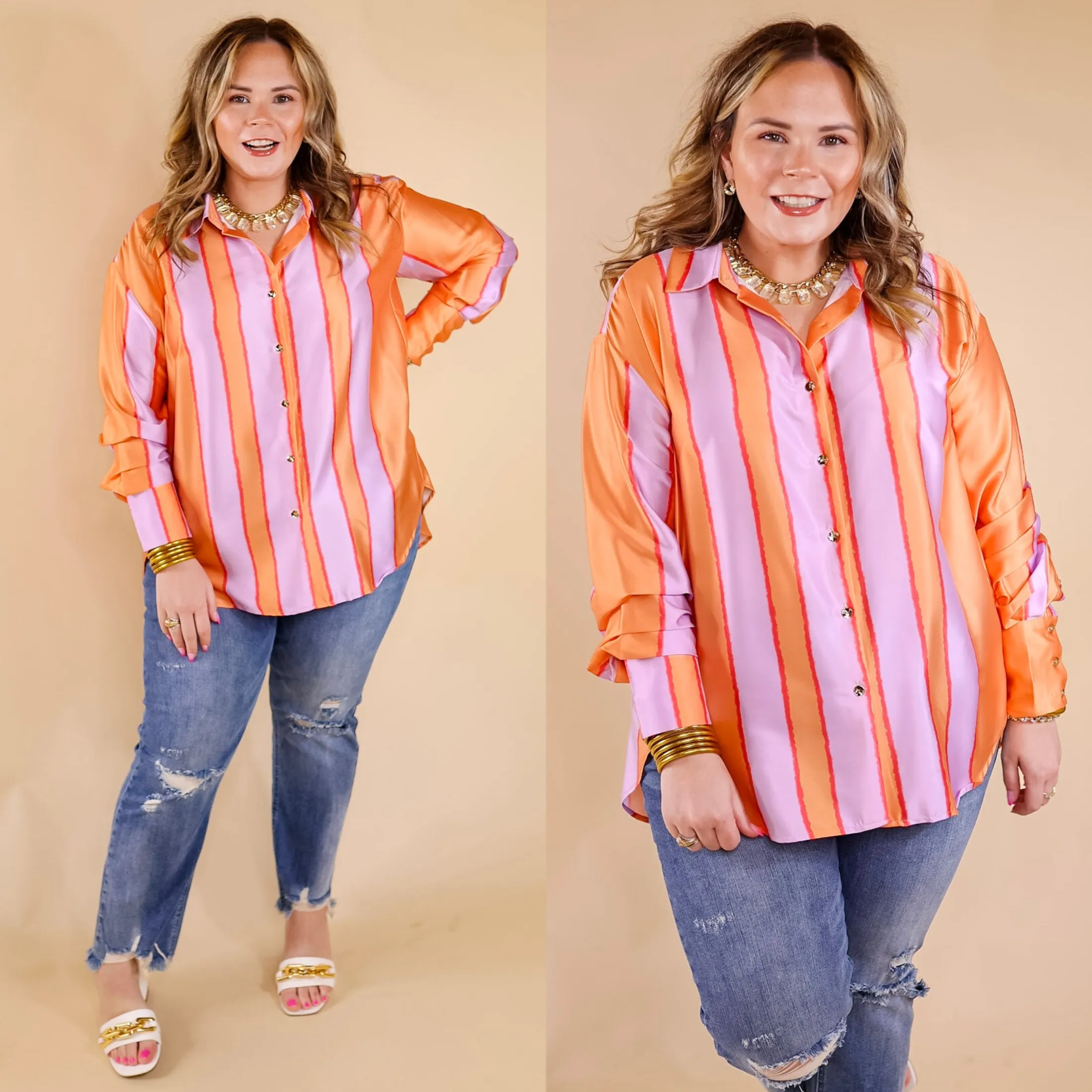 Match My Energy Striped Button Up Top in Lavender Purple and Orange