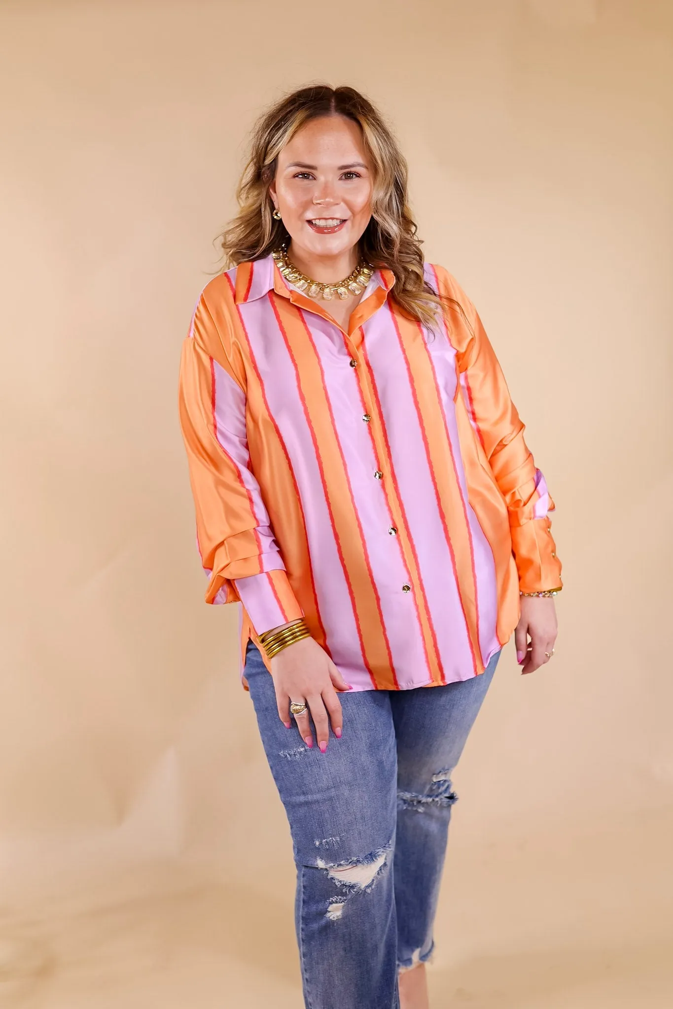 Match My Energy Striped Button Up Top in Lavender Purple and Orange